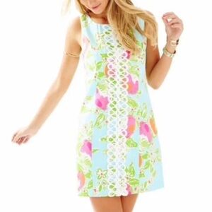 Lilly Pulitzer Cathy Shift Dress Pool Blue Pink Lemonade sz 2 Lace Citrus